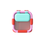 Colorful snack container with a pink lid and red accents on a white background