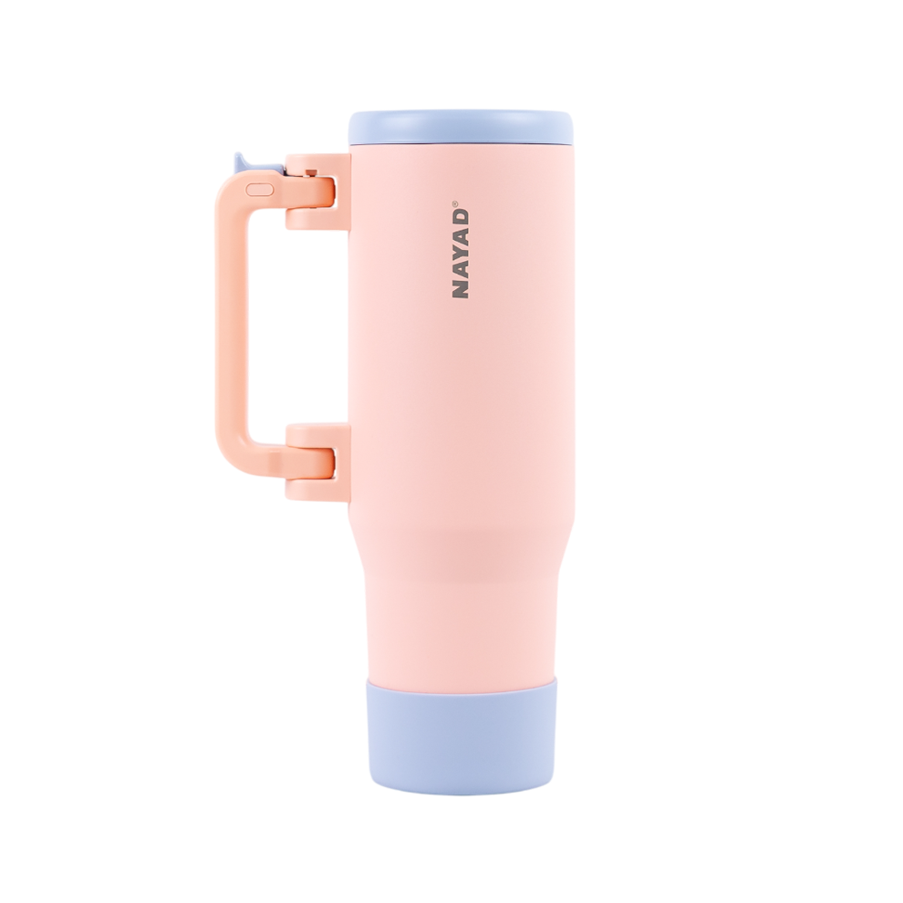 Pink and blue travel mug with handle on a white background