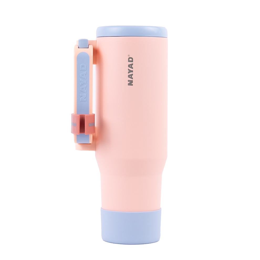 pink tumbler with a lipstick holder on the handle on a white background