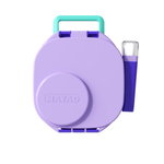 Purple and teal container with a straw on a white background