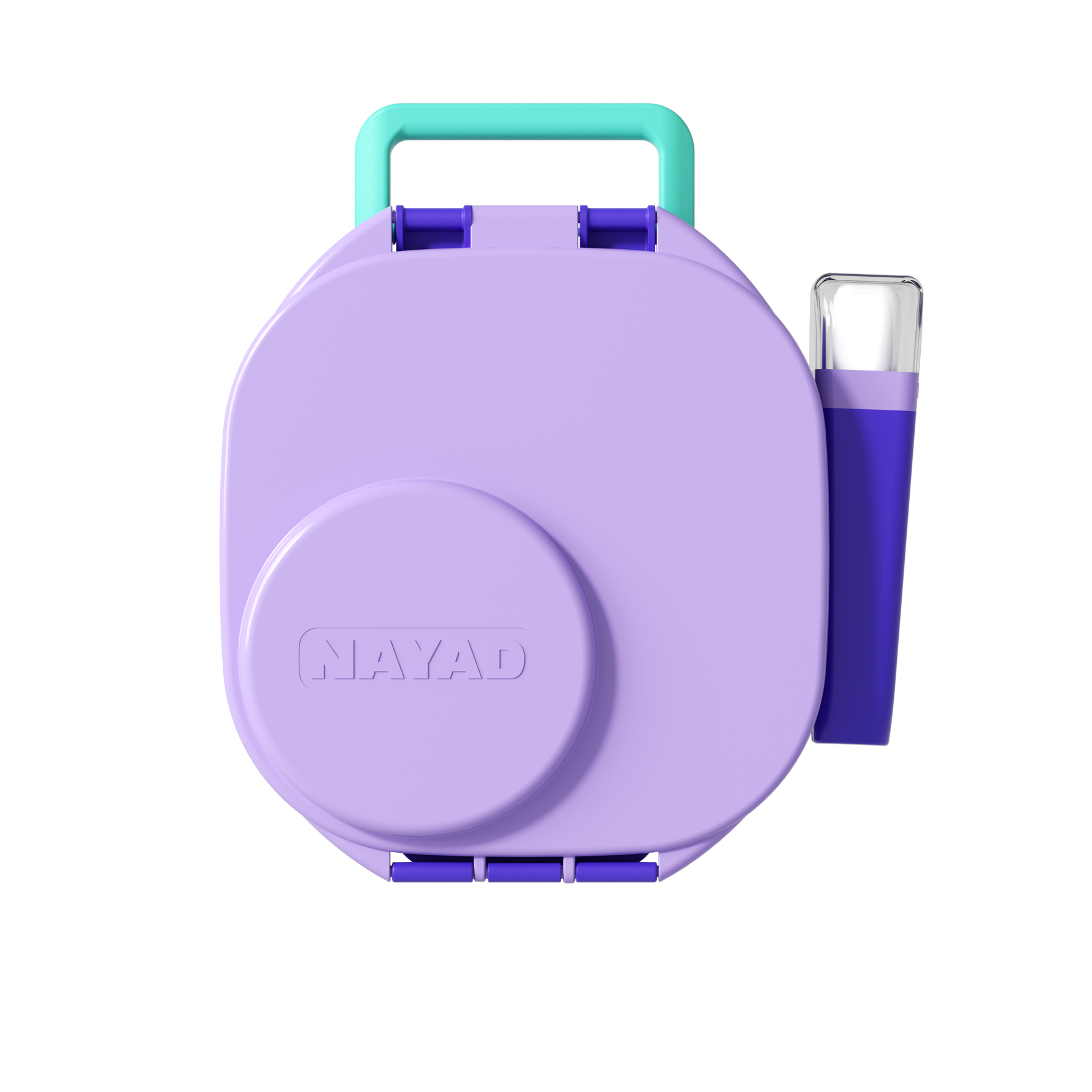 Purple and teal container with a straw on a white background