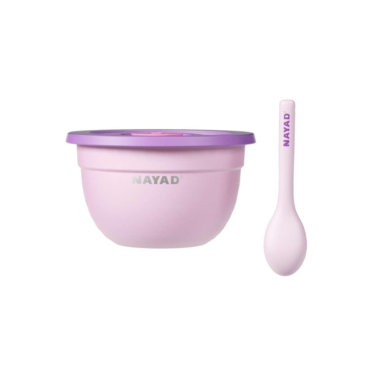 Pink bowl with purple lid and spoon on a white background, featuring the brand 'Nayad'.