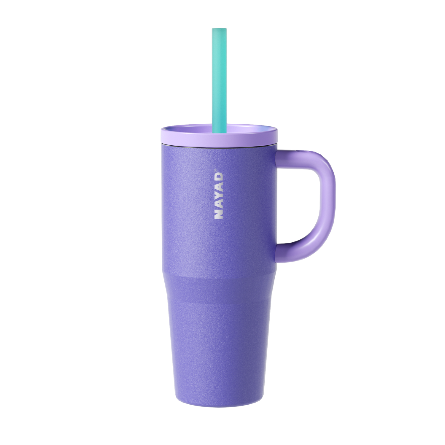 Purple tumbler with a handle and straw on a white background