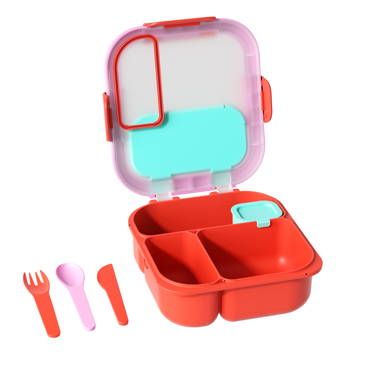 Red bento box with compartments and colorful utensils on a white background
