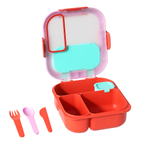 Red bento box with compartments and colorful utensils on a white background