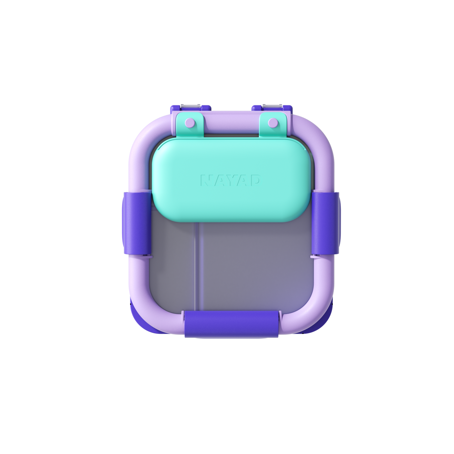 Small rectangular container with a turquoise top and purple sides on a white background