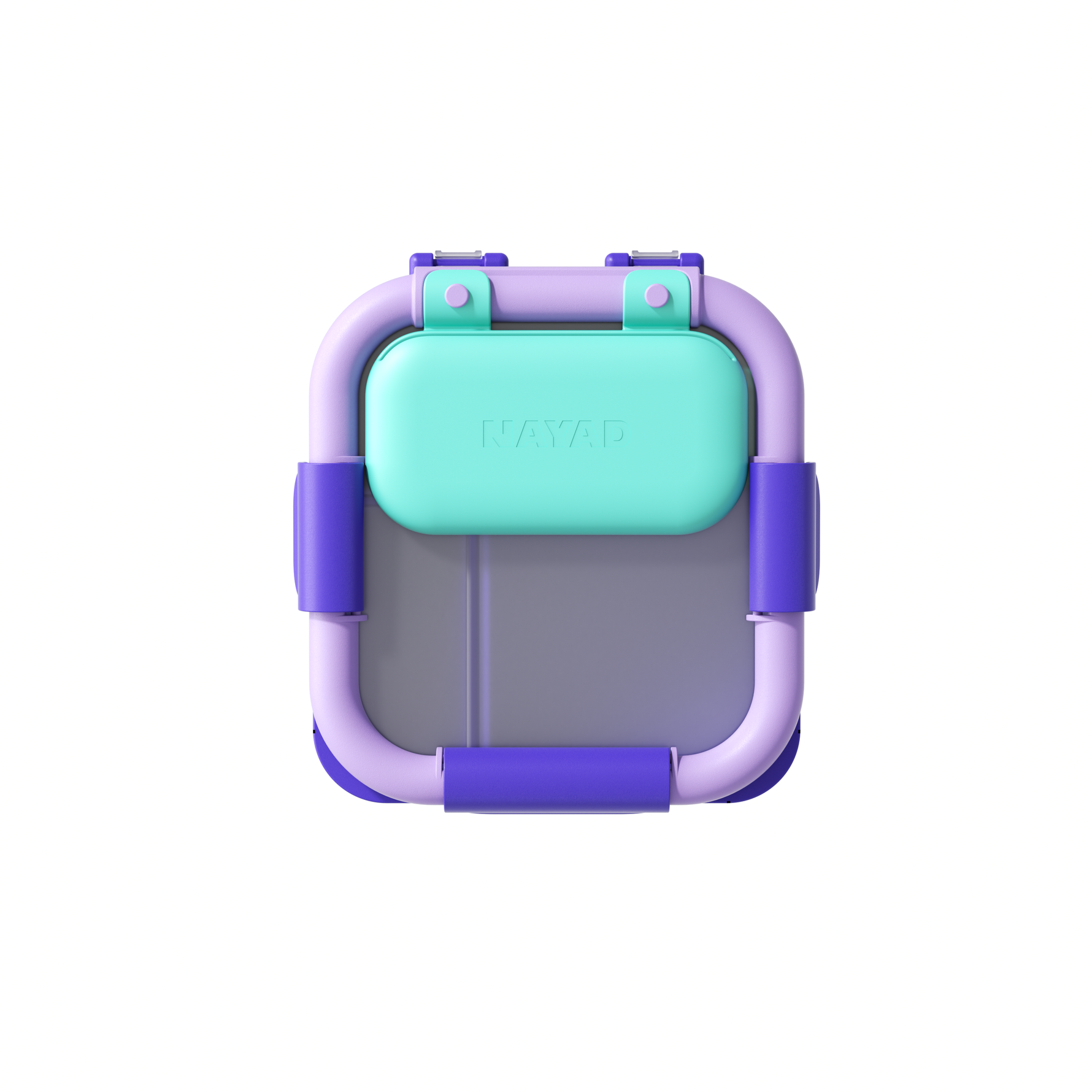 Small rectangular container with a turquoise top and purple sides on a white background