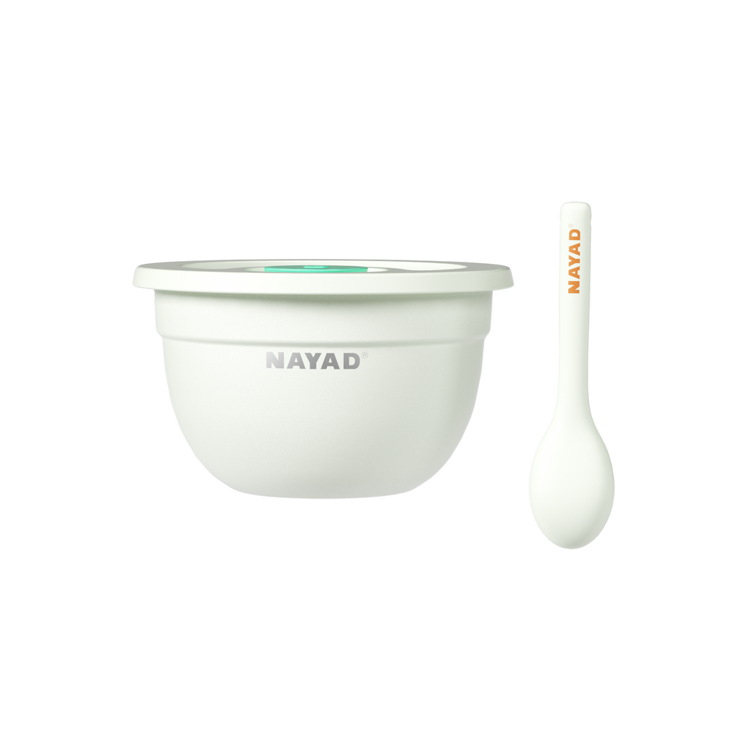 White salad bowl and spoon set with 'NAYAD' branding on a white background