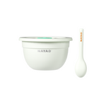 White salad bowl and spoon set with 'NAYAD' branding on a white background
