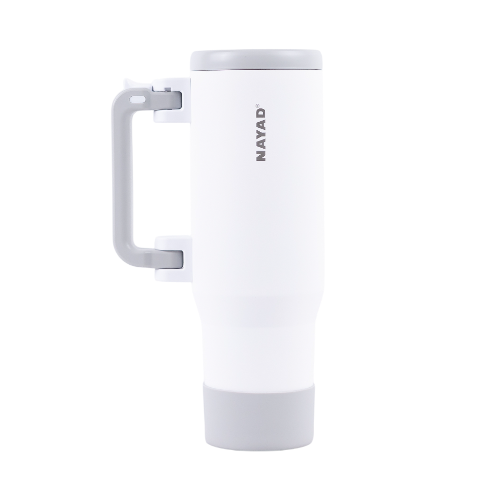White stainless steel bottle with handle on a white background
