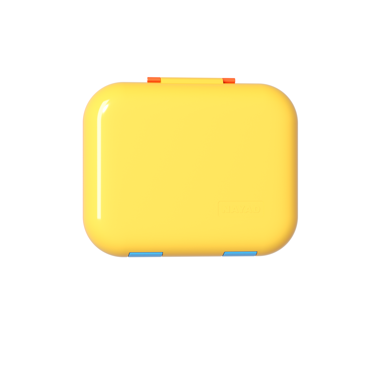 Yellow closed bento box container with blue accents on a white background