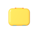 Yellow closed bento box container with blue accents on a white background